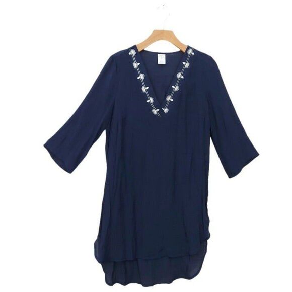 Kona Sol Cover Up Womens Small Navy 3/4 Sleeve V-Neck Curvy Hem Embroidered Boho - Picture 1 of 7